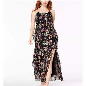 Bar III Black Floral Spaghetti‑Strap Maxi Dress with Side Slit